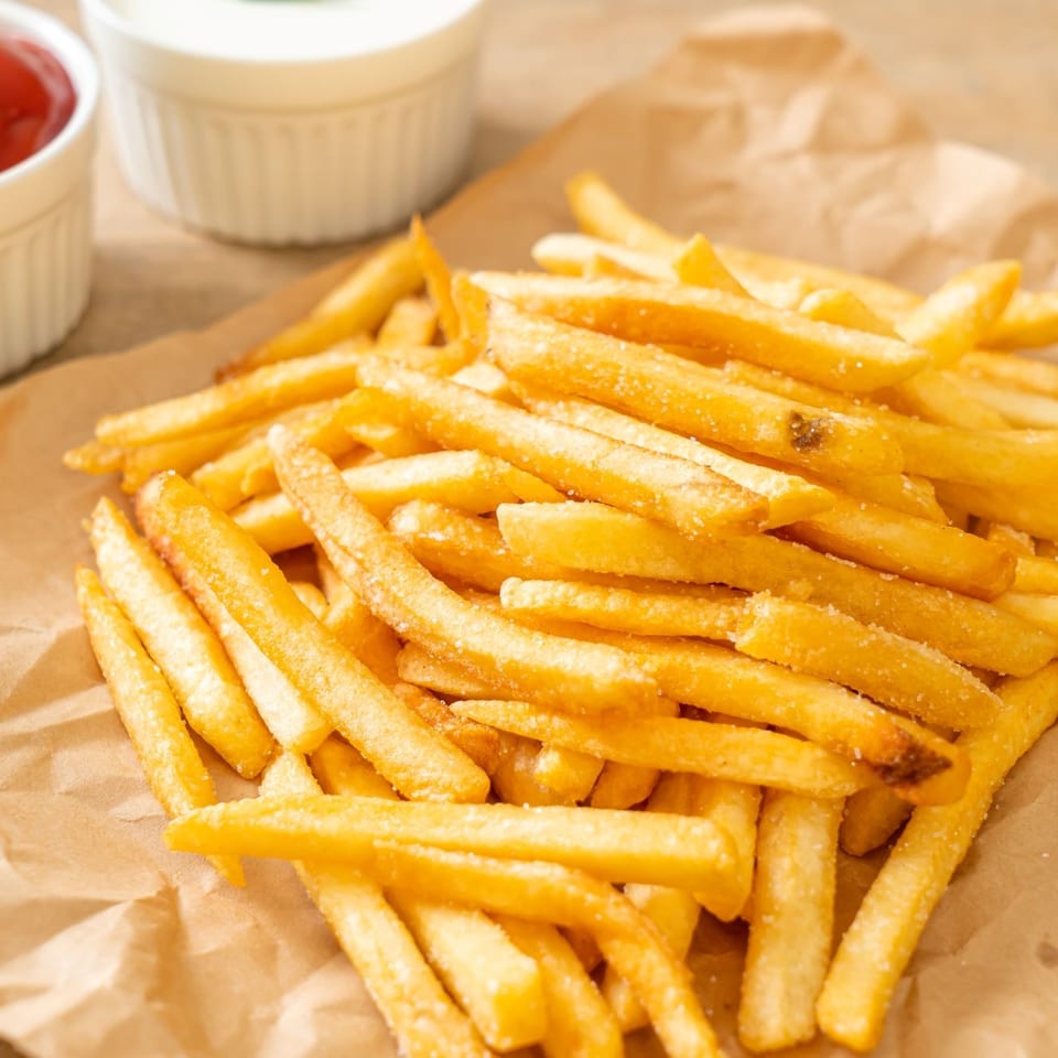 Golden french fries with salt on brown paper, with small white bowls of ketchup and mayonnaise.