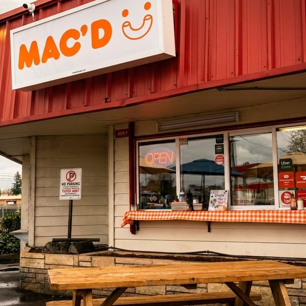 Mac'D restaurant exterior with a red roof, takeout window, and outdoor picnic table.