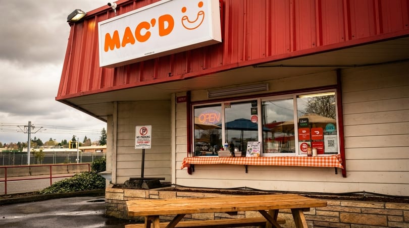 Mac'D restaurant exterior with a red roof, takeout window, and outdoor picnic table.