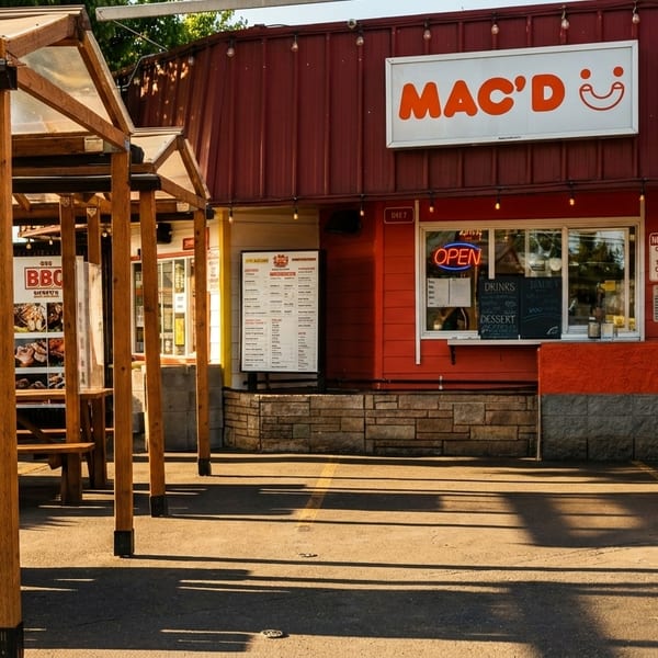 Mac'D restaurant exterior with red siding, outdoor seating, and menu boards under sunny skies.