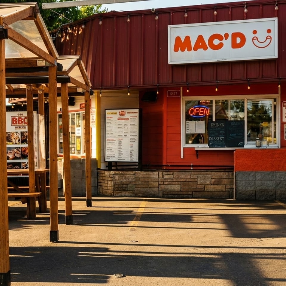 Mac'D restaurant exterior with red siding, outdoor seating, and menu boards under sunny skies.