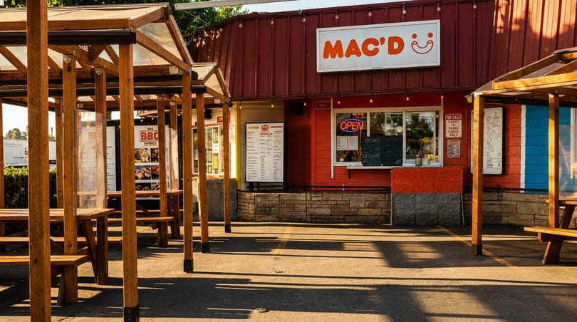 Mac'D restaurant exterior with red siding, outdoor seating, and menu boards under sunny skies.