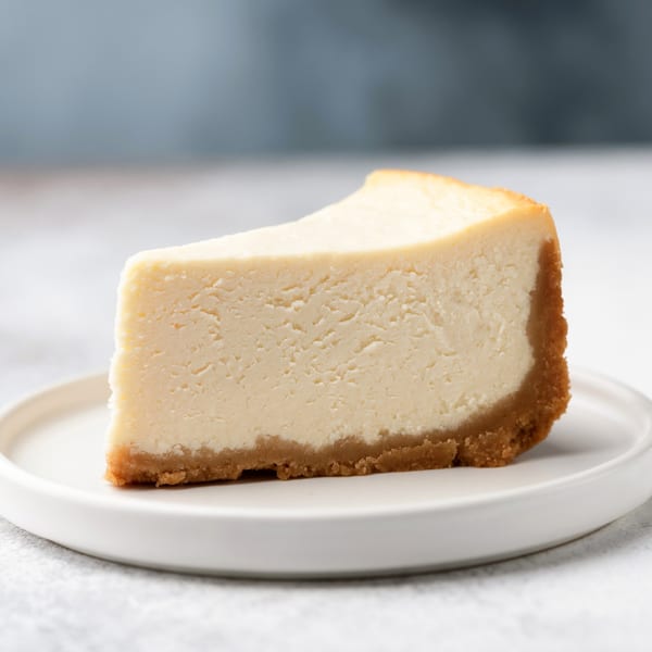 A slice of classic cheesecake with a graham cracker crust sits on a white plate.